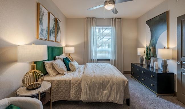 a bedroom with a bed and lamps